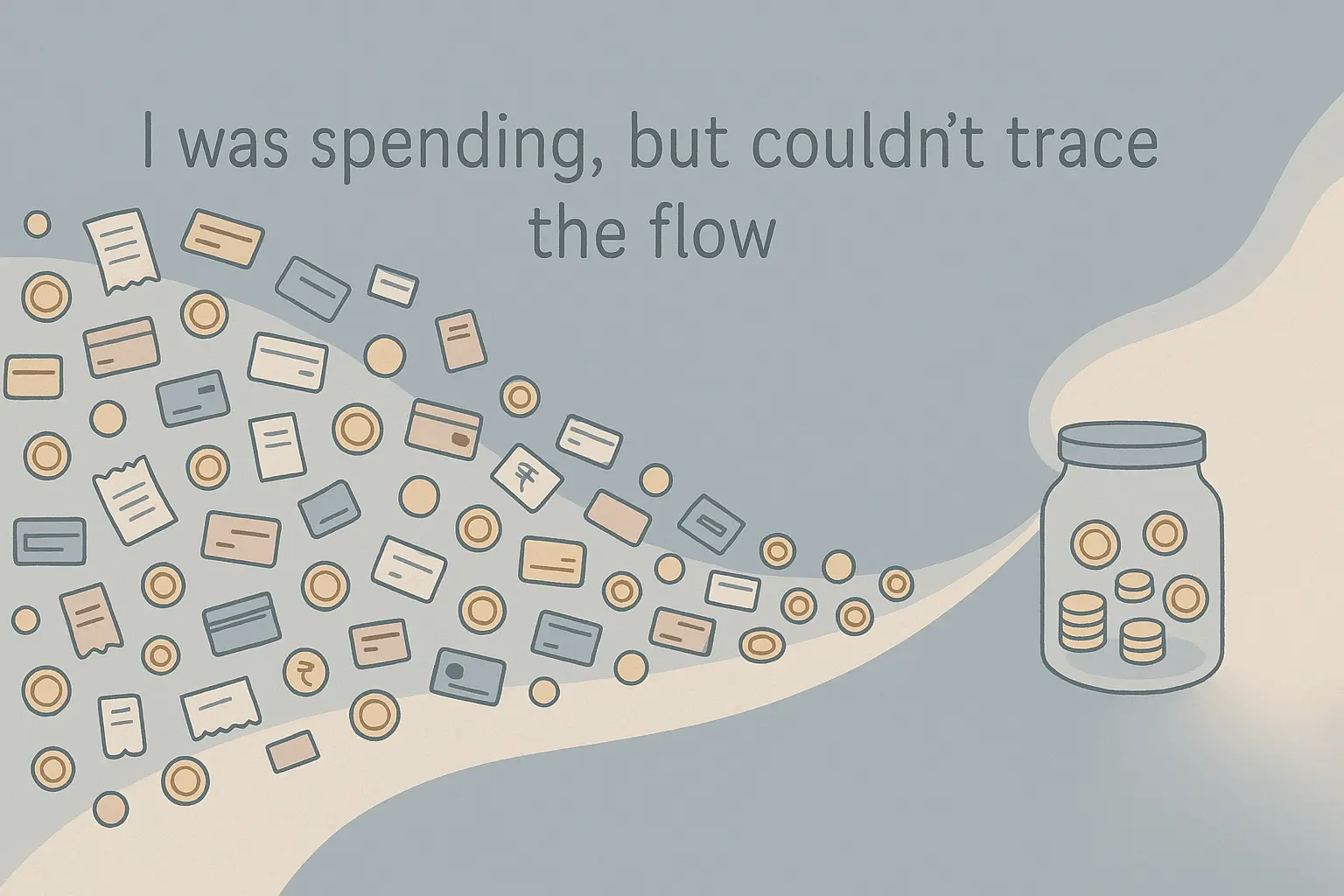 A soft, hand-drawn vector illustration showing scattered financial icons like coins, receipts, and cards flowing in a wave toward a glass jar, symbolizing untracked spending gradually becoming organized and traceable.